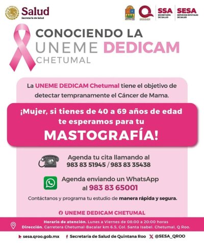 UNEME DEDICAM Chetumal invita a mujeres a detección temprana de cáncer de mama