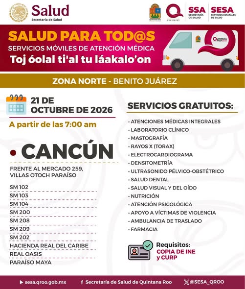 🚑 ¡Amig@s! Esta semana, del 19 al 23 de octubre, las caravanas médicas móviles “Salud para Tod@s”