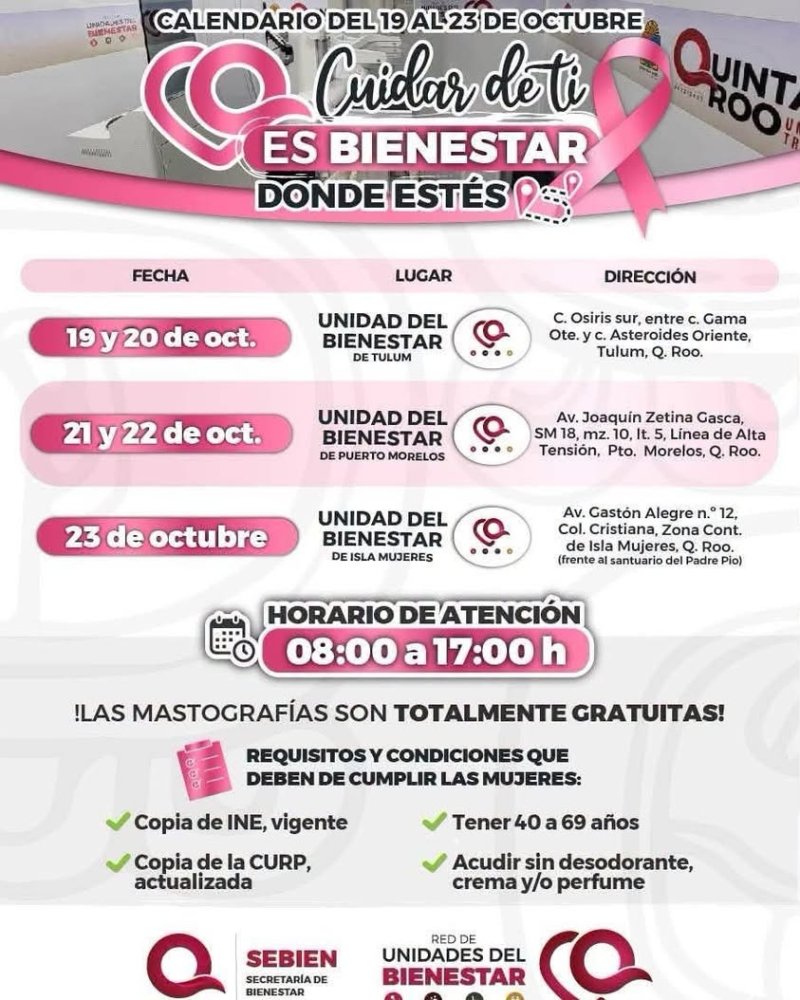 🌸 ¡Amigas! Recuerden que a partir de este 19 y hasta el 23 de octubre, nuestro mastógrafo