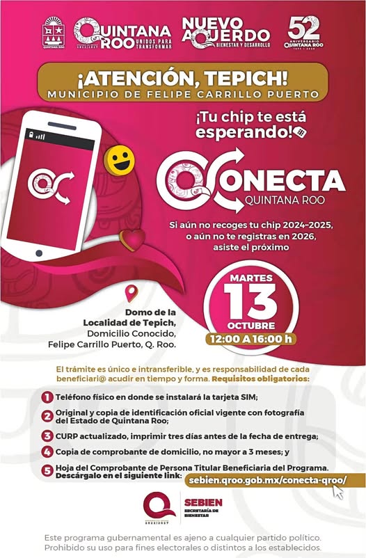 📣 ¡Atención #FelipeCarrilloPuerto y #Tulum, tu chip del programa #ConectaQuintanaRoo te está