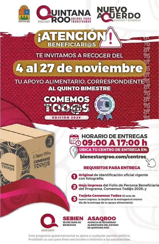 🍽️💳 ¡Primero la justicia alimentaria, porque en #QuintanaRoo comemos todas y todos! 📦 Te compartimos las fechas para...